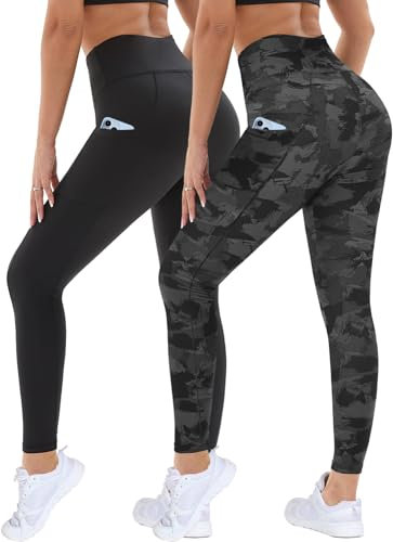 DDOBB 2er Pack Sport Leggings Damen High Waist Sportleggins Damen Lang Mit Taschen Gym Leggins Blickdicht Schwarz Sporthose Elastische Bauchweg Yogahose Fitness Laufhose(Schwarz+Schwarz Bedruck,S-M)