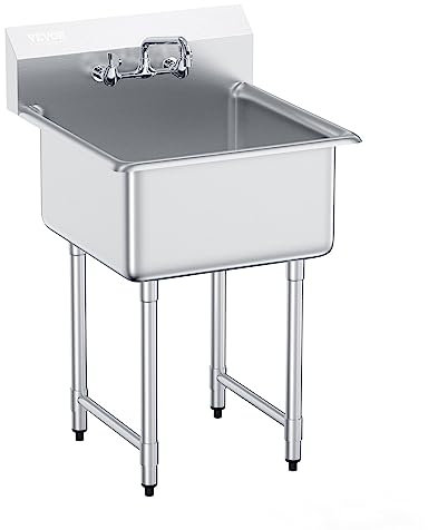 VEVOR Fregadero de acero inoxidable, fregadero de pedestal pequeño de 24,0 x 24,0 pulgadas, con grifo y patas, fregadero comercial para garaje, restaurante, cocina, lavadero
