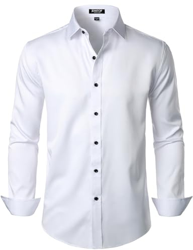 JEMITOP Men's Stretch Wrinkle Free Dress Shirts Formal Wedding Prom Long Sleeve Slim Fit Button Down Shirt, White, Large