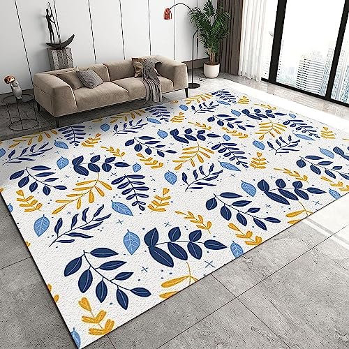 3D Teppich Kinder Jungen Groß Kinderzimmer Gaming Teppich Schlafzimmer Dekoration Wohnzimmer Kurzflor Krabbelmatte Modern Weich Kinderteppiche Waschbarer Einfache Gelb-Blaue Grasblätter 60 X -0S4A-G3