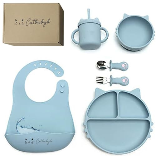 CATBABYB® Coffret Repas Bébé en Silicone – Ensemble de Vaisselle avec Assiette Ventouse à Compartiments, Couverts (Fourchette & Cuillère), Bol Antidérapant, Tasse et Bavoir Réglable.