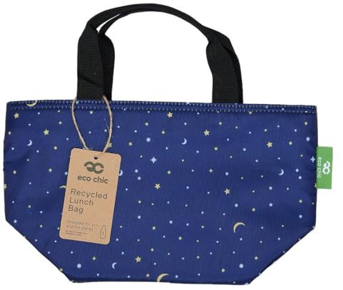 ECO CHIC Lightweight Foldable Insulated Lunch Bag Water Resistant Cooler Bag (Stars and Moons Navy)