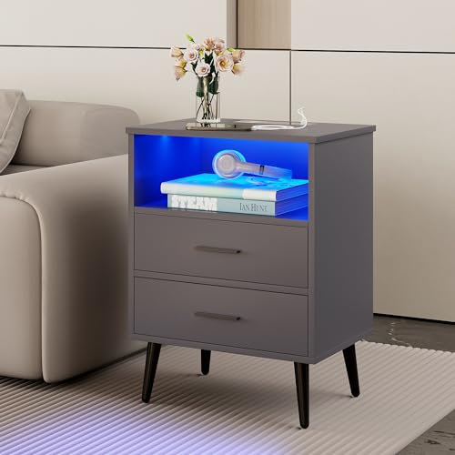 LVSOMT Nachttisch mit Beleuchtung LED, Nachttische mit ladefunktion USB & Type-C, Modern Nachtschrank Holz mit 2 Schubladen für Schlafzimmer, Beistelltisch Sofatisch für Wohnzimmer (Grau)