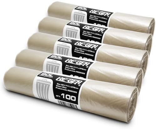 Full Box | 5 Rolls | 500 Bags | RE-GEN 90 Litre 10kg Load Clear Heavy Duty Bin Liners Refuse Sacks, Everyday, Office & Home Use | Industrial Strength Transparent Rubbish Bags 381/711 x 975mm