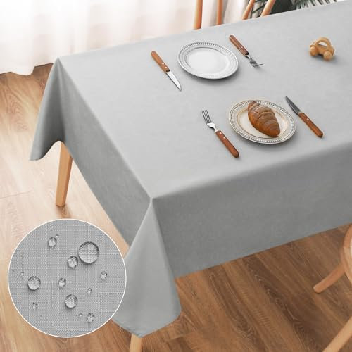 AooHome Tischdecke Abwaschbar, Hellgrau Tischdecken 135x180cm Leinen-Optik Tischtuch aus Polyester Wasserabweisend mit Lotuseffekt, Dauerhaft Kratzfest für Wohnzimmer, Esszimmer, Balkon, Garten
