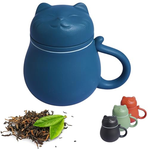 Kicura Keramik Teetasse, 400ml - Komplettset mit Deckel & Sieb - Katzen-Design - Für lose Blätter & Kräuter - Praktisches Geschenk für Familie - Blau