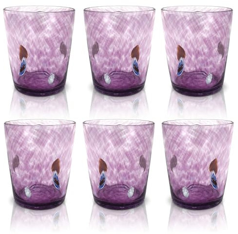 MAZZEGA ART & DESIGN - Verres Tumbler Liberty en Verre Soufflé et Travaillés à la Main avec des Murrines de Murano, ligne « Les Couleurs de Murano » 350 ml. Fabriqué en Italie. (VIOLET, 6)