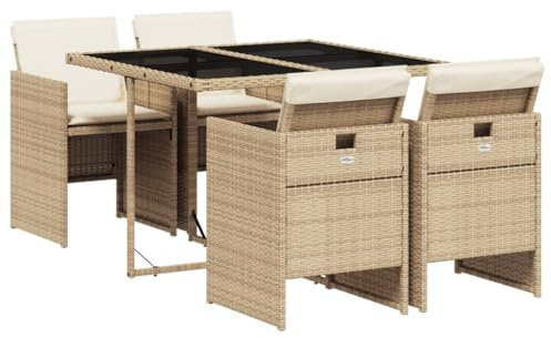 vidaXL Garten Essgruppe mit Kissen 5-TLG., Gartenmöbel Set Sitzgruppe, Essgarnitur Gartengarnitur, Terrasse Balkon Möbel Garnitur, Beige Poly Rattan