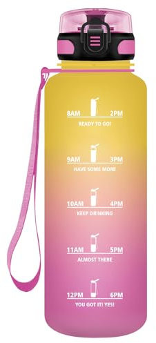 HoneyHolly Trinkflasche Sport, 1500ml Auslaufsicher Kunststoff, Wasserflasche, Trinkflasche Kohlensäure Geeignet, Sportflasche für Fahrrad, Kinder, Schule, Fitness, Yoga, Yellow Pink