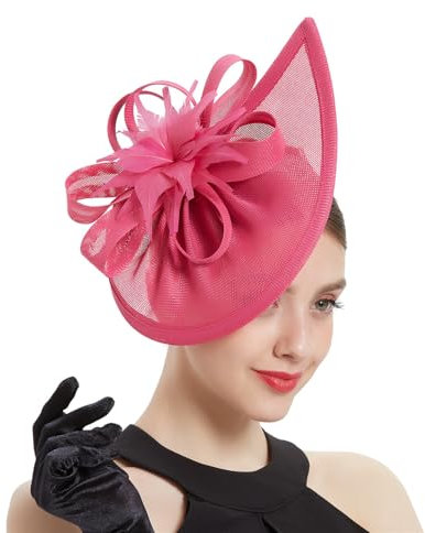 Brawlady Sinamay Fascinator Hat with Top Flower, Women Feather Pillbox Headwear, Tear Drop Shape Church Wedding Derby Cocktail Tea Party Headpiece hotpink