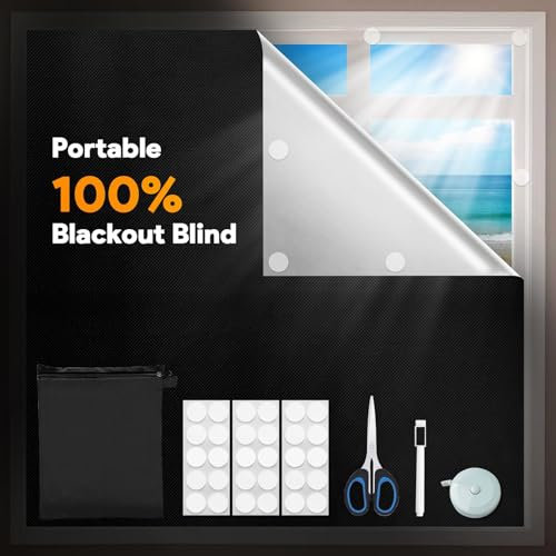 Portable Blackout Blind,Temporary Blackout Blind 200x145cm Blackout Curtains 100% Blackout Material No Drill for Windows Bedroom with Self Adhesive Fasteners and A Scissor Fits Any Window Size/Shape