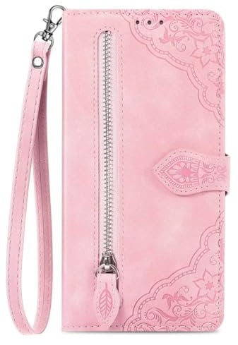 For Motorola Moto E14 / G04 / G24 Phone Case Zip Wallet Case with Credit Card Holder Strap Stand View Premium Leather Flip Case Floral Cover Shockproof Case Cover Silicone Bumper Case Pink