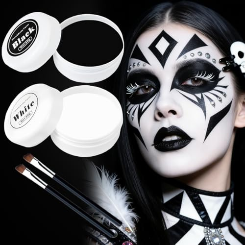 Halloween Schminke Schwarz Weiß & Profi Theaterschminke Schwarz. Schwarz Weiß Schminke Körperfarbe mit Schminkpinseln, Bodypainting Farben Face Paint, Schminke Karneval Schwarz Weiß, Kinderschminke