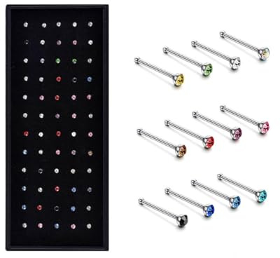 KGDUYC Piercing nez- 60pcs de Piercing de nez,Nez Clous à Vis Acier Chirurgical,Clou de nez, Piercing de nez,Strass en Cristal,Barre de fierté Droite en Acier Inoxydable,Anneau de nez (Multicolore)