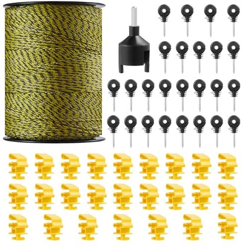 VEVOR Filo per Recinzione Elettrica, Filo Elettrico Portabile 500 m, 6 Fili in Acciaio Inox Diametro 3,17 mm, Corda Recinzione con 25 Isolatori per Recinzione e 25 Isolatori per Pali a T per Bestiame