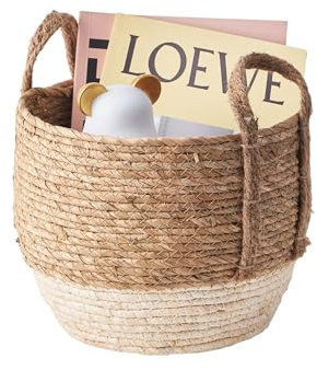 Eden & Willow Natural Straw Woven Plant Storage Basket, Home Organisation Hamper Basket with Handles (Cream, Medium)