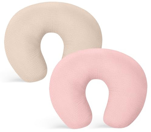 Winmany Stillkissenbezüge aus Musselin, weiche Baumwolle, für Neugeborene, Stillkissen, Baby-Fütterkissen, Schonbezug, Duschgeschenk für Jungen und Mädchen, Beige + Rosa, 2 Stück