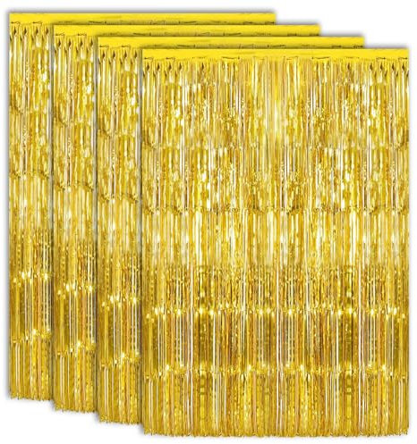 Gold Foil Tinsel Curtains, 3.3ft X 6.6ft Gold Door Tinsel Foil Curtain Backdrop Party Streamers Fringe for Birthday Party 4 Pcs