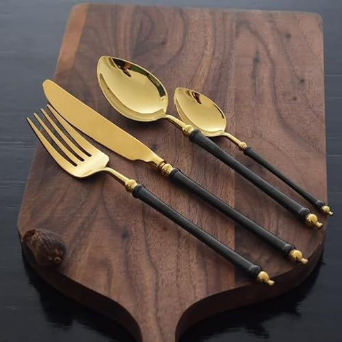 Juego de cubiertos, juego de cubiertos, cubiertos con espejo dorado, cuchillo for carne de acero inoxidable 304, tenedor y cuchara de café