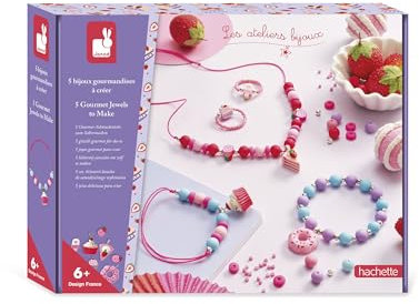 Janod 5 Schmuckstücke zum Selbermachen-Thema Gourmandises Donuts Cupcakes et Gateaux-Bastelset-Manuelle Aktivität für Kinder-Ab 6 Jahre + -J09183