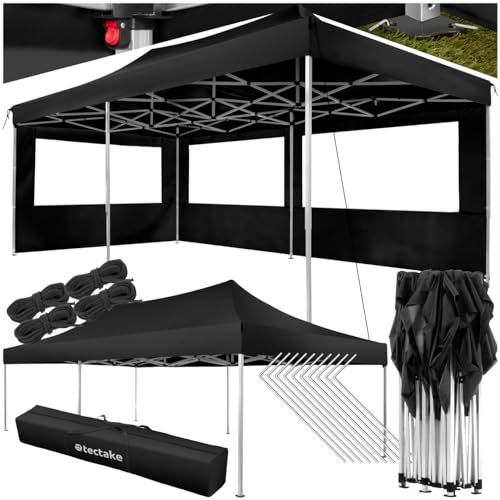 tectake® Pavillon Faltpavillon 3x6 m, faltbar, wasserdicht, Gartenpavillon mit 2 Seitenteilen, inkl. Heringe, Tasche, Überdachung Terrasse, Festzelt, Gartenzelt, Event Shelter, Partyzelt - schwarz