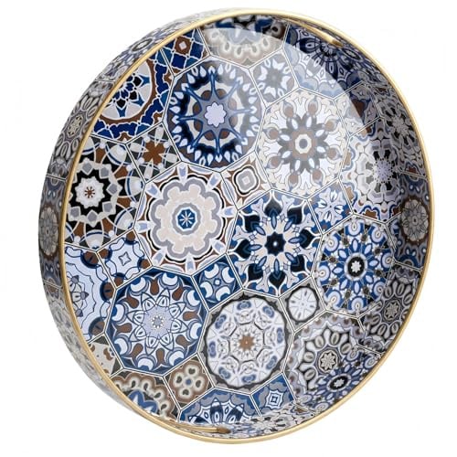 Simmer Stone Rundes dekoratives Tablett aus Kunststoff mit Griffen, moderner Schminktisch für Ottomane, Couchtisch, Küche und Badezimmer, Größe 33 cm (Bohemian-Stil)
