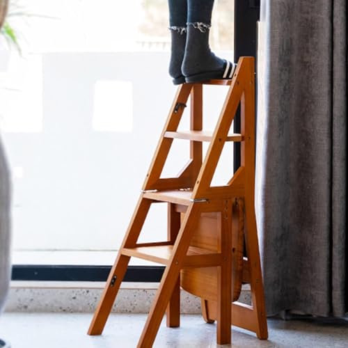Wooden 4-Step Ladder Chair, Multifunction Library Chair Folding Ladder Chair Wood 4-Step Stool, for Kitchen, Office, Library(Brown)