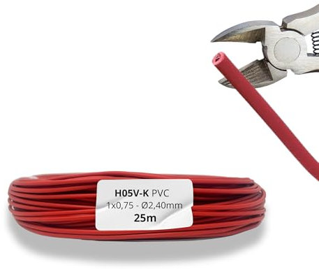 HALOTEC 25 Metros Cable Unipolar Flexible aislamiento en PVC Rojo 1x0,75 mm² | Cable Eléctrico Unipolar Rojo 0,75 mm² | Cable de Cobre Flexible | Cordón unipolar |H05V-K