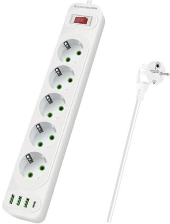 Anluomafuy Multiprise Electrique(10A 2500W), Multiprise Parasurtenseurs 5 Prises, avec 3 USB y 1 Type C, Rallonge 2m, Sécurité Enfant, pour Smartphone Tablette (Blanc)