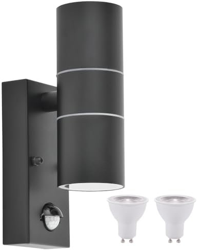 qfzwj Edelstahl Aussenlampe mit Bewegungsmelder mit 2x GU10 Fassung,Up down IP65 wasserdichte Außenlampe mit bewegungsmelder,anthrazit 230V Wandleuchte für Garten Terrasse