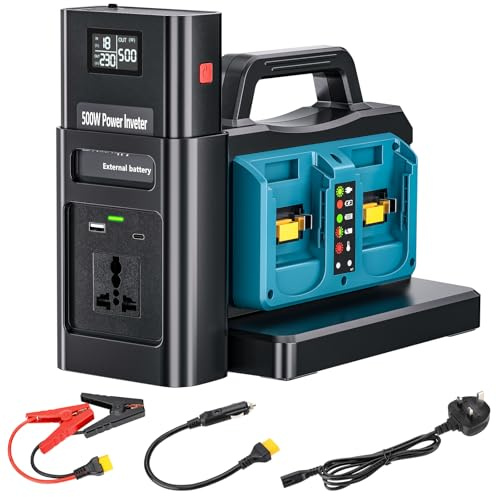 2-in-1 Portable Inverter Charger, 500W Pure Sine Wave Inverter & 4-Ports Charger Simultaneous Charging for Makita 18V Battery, DC 18V to AC Outlet 230V Power Converter for RV Camp Off-Grid