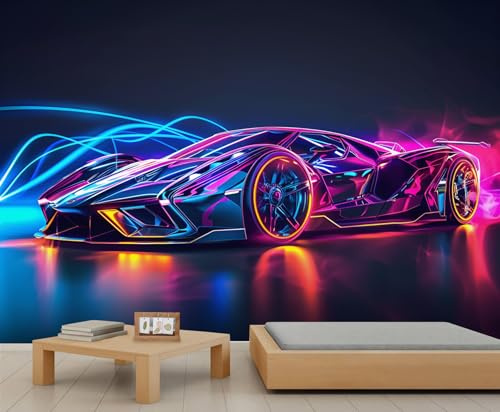 Sportwagen-Wandtapete, Neon-Stil, neonfarbene Tapete, Mädchenzimmer, abstrakte Tapete für Mädchen, Schlafzimmer, Wohnzimmer, Wandbild, Poster, 500 x 350 cm