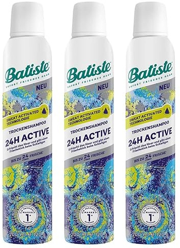 3x Batiste Trockenshampoo 24H Active,ohne Ausspülen, Haarpflege Spray mit belebendem Duft, Sweat Activated Technologie, vegan & unsichtbar, 200ml (3er Pack)