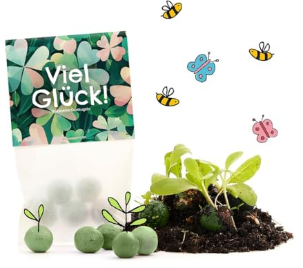Blumenmurmeln Viel Glück | Geschenk & nachhaltiges Mitgebsel zu Silvester | Neujahrsgruß mit Klee-Saatgut für Freunde, Gäste & Kinder | Kleinigkeit als Tisch-deko & Glücksbringer
