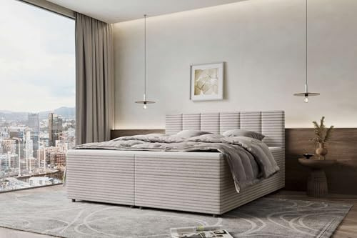 99rooms Bergamo Boxspringbett Doppelbett Ehebett Cordstoff AMBIENCE Latte 180x200 cm Komfortschaum Topper 3,5 cm, Bonellfederkern-Matratze 19 cm
