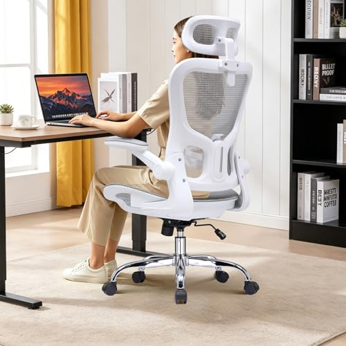 COMHOMA Bürostuhl, Schreibtischstuhl, ergonomischer Netzstuhl, mit doppellagigem Netzgewebe, atmungsaktiv, Adaptive Lendenstütze, verstellbare Kopfstütze, für Homeoffice, Drehstuhl 150 kg, Weiß