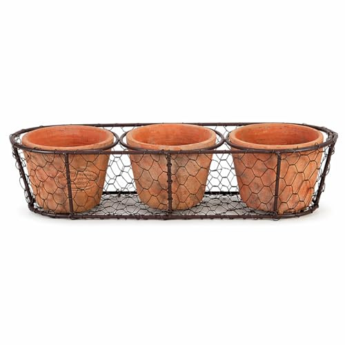 ReWu Set di 3 vasi in terracotta in cestello metallico, realizzati a mano, con logo, vasi per erbe aromatiche in terracotta e acciaio morbido, 0,3 litri, decorativi per cucina, davanzale e esterni