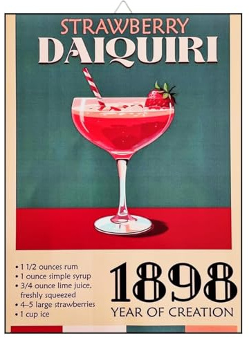 KUSTOM ART Cuadro de pared o de mesa Serie Publicidad Vintage Bar Strawberry Daiquiri 1898 receta e ingredientes impresión artística sobre madera 30 x 21 cm