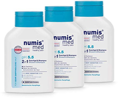 numis med 2in1 Duschgel & Shampoo ph 5.5 - Hautberuhigendes Shower Gel & Haarshampoo für sehr empfindliche & sensible Haut - vegane Hautpflege ohne Silikone, Parabene & Mineralöl (3x 200 ml)
