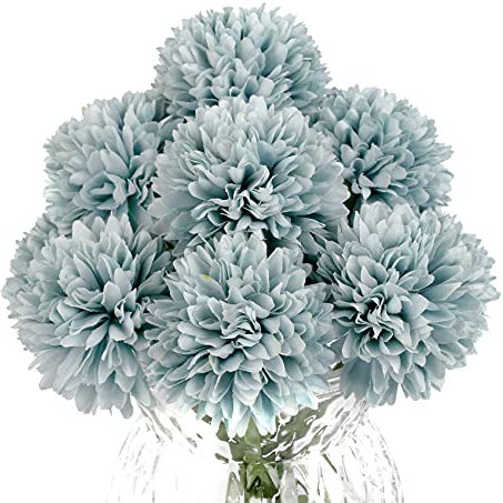 Jim's Cabin Künstliche Blumen, 10 Stück, künstliche Seide, künstliche Chrysanthemen-Kugel, Hortensien, Brautstrauß für Küche, Heimdekoration (grau-blau)