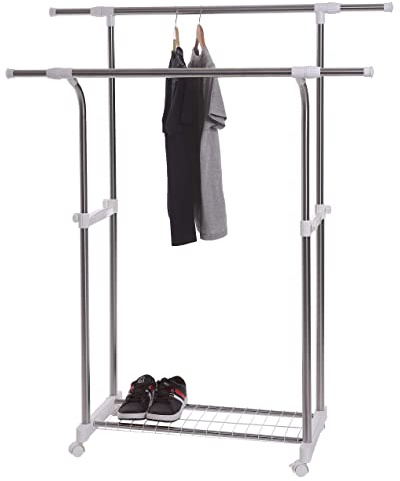 Hyfive Clothes Double Hanging Rail Adjustable Extendable Storage Hanging Rail Rack Robe Includes Shoe Rack, Two Hanging Rails