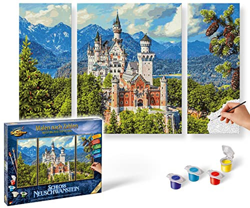 Schipper 609260837 Malen nach Zahlen - Schloss Neuschwanstein - Bilder malen für Erwachsene, inklusive Pinsel und Acrylfarben, Triptychon 50 x 80 cm
