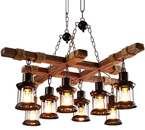 HYQJUNE Retro Pendellampe LED Vintage Pendelleuchte Rustikale Holzbalken Edison Hängende Deckenleuchte Hölzerne Art-Hängende Höhenverstellbar Industrielle Loft Bar Küche Esszimmer Industrie Lampen