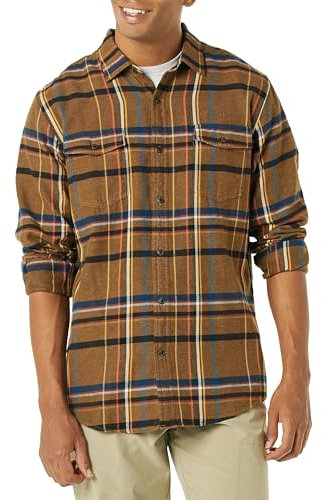 Amazon Essentials Chemise en Flanelle, à Manches Longues, Deux Poches, Coupe Standard Homme, Brun Tabac Écossais, M