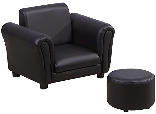 HOMCOM Kindersessel mit Fußhocker Kindercouch Kindersofa Minisofa für 1,5-3 Jahre Kinder Kindermöbel Holz Schwarz 54 x 42 x 41 cm