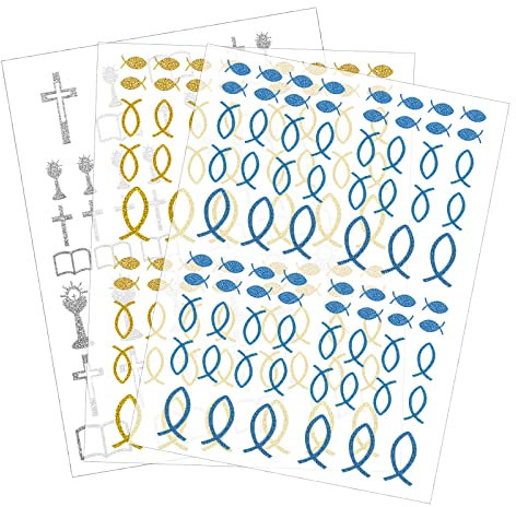 Pejoye Fisch Aufkleber, Selbstklebende Taufe Deko Glitzer Sticker 200 Stück Blau Gold Silber Konfirmation Taufkommunion Dekoration Geeignet für DIY-Urlaubsideen Ostergeschenke Kinder Erwachsene
