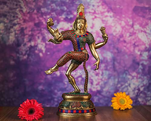SHIVAJI ARTS Ardhanarishvara-Statue, 37 cm, großes Inlay Shiva Parvati Idol Messing, Ardhnareshwar, Shiva-Shakti Heimdekoration, halb Shiva halb Parvati