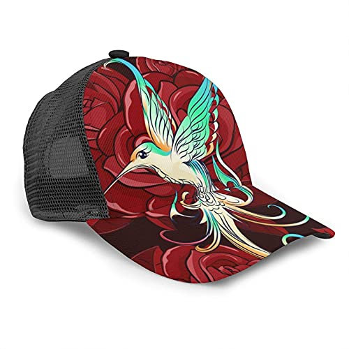 Oaieltj Unisex Baseball Cap Unisex Einstellbare Snapback Cap Cool Hip Hop Trucker Hat Atmungsaktive Dad Hat, Rote Rosen Blumen Kolibri Chic Tier Vogel, One size