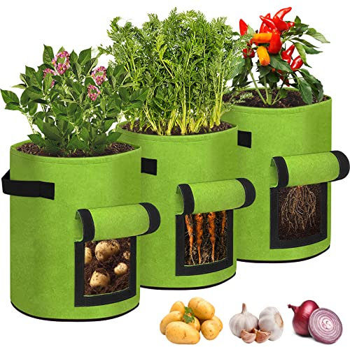 YRHome 3 Stück Pflanztasche Kartoffeln Pflanzen Tasche 7 Gallonen Pflanzsack Kartoffelsack Pflanzbeutel Vliesstoff Tomaten Pflanztopf mit Klettfenster Griffen für Blumen Kartoffeln Pflanzen Grün