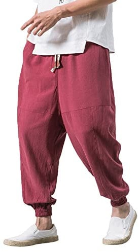 Freizeithose Herren Baumwolle Linen Harem Trousers Aladdin Loose Bloomers Retro Sommer Japanese Einfarbige Schnürhose Casual Pumphose Yoga Goa Tanz Strand Hosen Pilates Sarouel Pluderhose